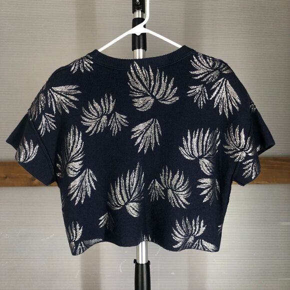 CINQ A SEPT 30% Wool Navy Metallic Palm Exposed Seam Short Sleeve Sweater Sz XS - Picture 5 of 9